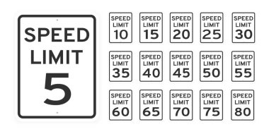 Hız sınırı trafik simgesi işaretleri beyaz arkaplanda izole edilmiş düz stil tasarım vektör çizimi ayarlandı.