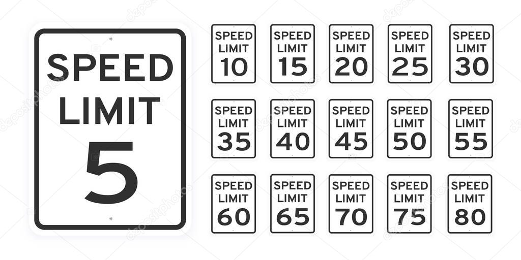 Speed limit road traffic icon signs set flat style design vector illustration isolated on white background.