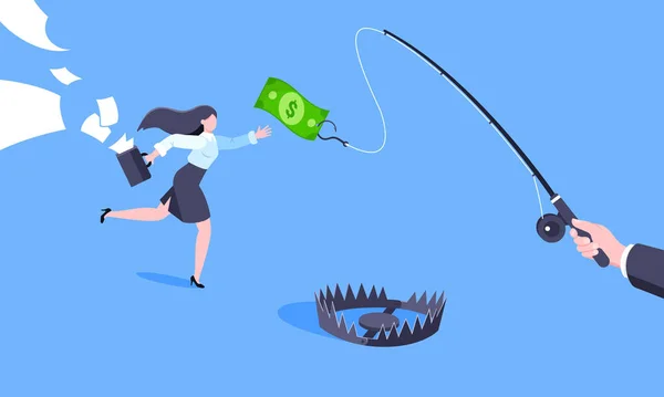 Pesca soldi inseguire il concetto di business con la donna d'affari in esecuzione dopo penzoloni dollaro e cercando di prenderlo. — Vettoriale Stock