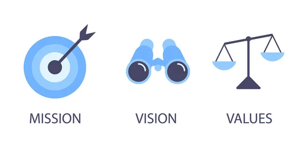 Missão, visão e valores design de estilo plano ícones sinais web conceitos vetor ilustração conjunto isolado no fundo branco. —  Vetores de Stock