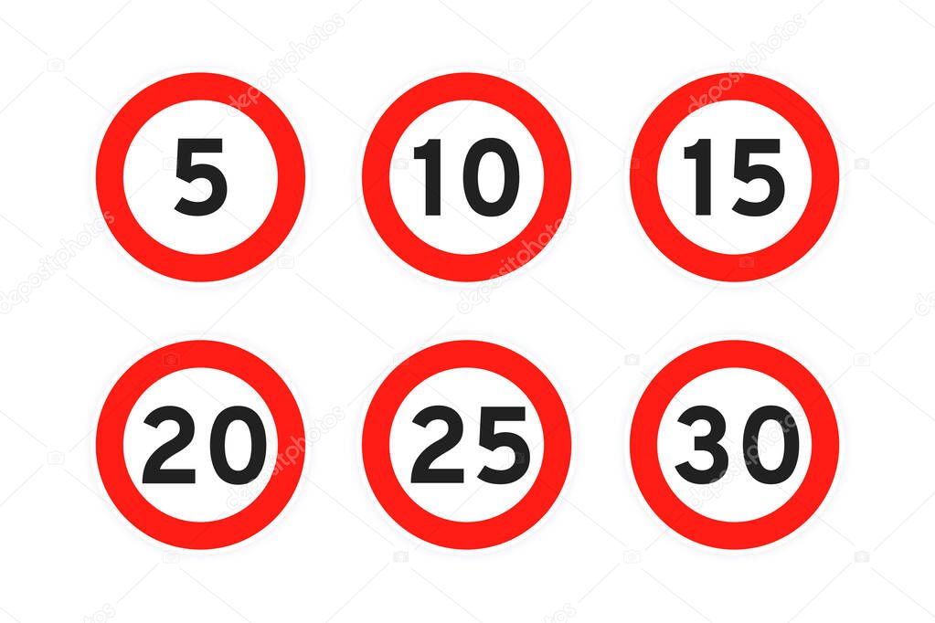 Speed limit 5,10,15,20,25,30 round road traffic icon sign flat style design vector illustration set.