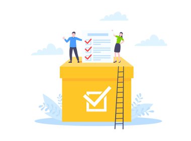 Çevrimiçi oylama konsepti düz stil tasarım vektör çizimi. Çevrimiçi ankette birlikte çalışan küçük insanlar.