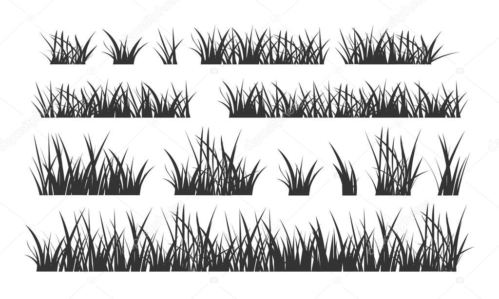 Black silhouettes of grassland lawn field border flat style design vector illustration set.