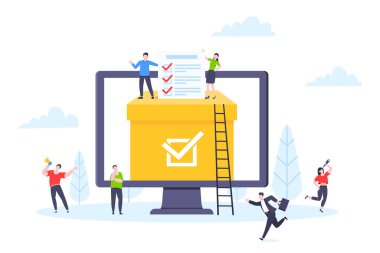 Çevrimiçi oylama konsepti düz stil tasarım vektör çizimi. Çevrimiçi ankette birlikte çalışan küçük insanlar.