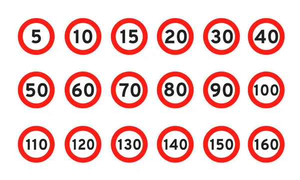 Hız limiti 5, 10, 15, 20, 30, 40, 50, 60, 70, 80, 90, 100 yuvarlak yol trafik simgesi düz tasarım vektör çizimi. — Stok Vektör