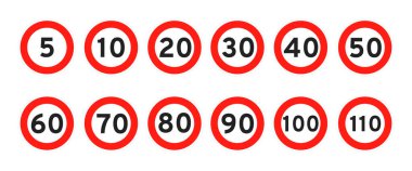Hız limiti 5, 10, 20, 30, 40, 50, 60, 70, 80, 90, 100, 110 yuvarlak yol trafik ikonu düz tasarım tasarım çizimi.