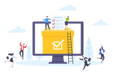 Çevrimiçi oylama konsepti düz stil tasarım vektör çizimi. Çevrimiçi ankette birlikte çalışan küçük insanlar.