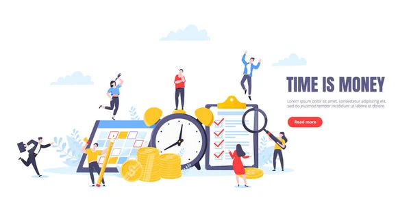 Tid är pengar eller spara pengar affärsidé. Små människor som arbetar med klocka, kalender schema och checklista symbol. — Stock vektor