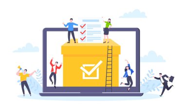 Çevrimiçi oylama konsepti düz stil tasarım vektör çizimi. Çevrimiçi ankette birlikte çalışan küçük insanlar.