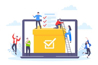 Çevrimiçi oylama konsepti düz stil tasarım vektör çizimi. Çevrimiçi ankette birlikte çalışan küçük insanlar.