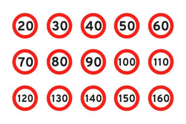 Speed limit 120, 110, 20, 30, 40, 50, 60, 70, 80, 90, 100, round road traffic icon sign flat style design vector illustration.