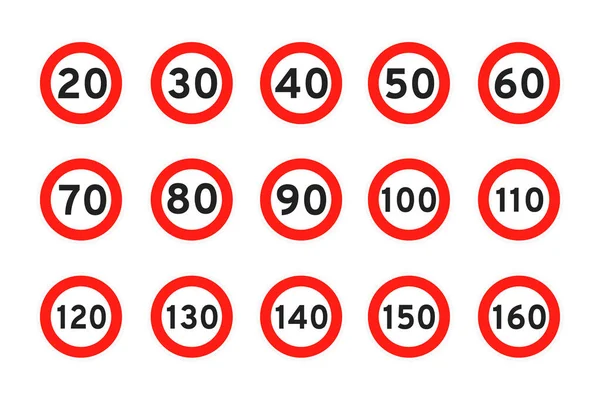 Speed limit 120, 110, 20, 30, 40, 50, 60, 70, 80, 90, 100, round road traffic icon sign flat style design vector illustration. — Stok Vektör