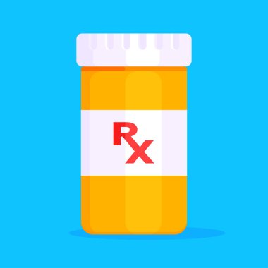 Kapsüller veya tabletler için Rx hap şişesi düz stil tasarım vektör çizimi.