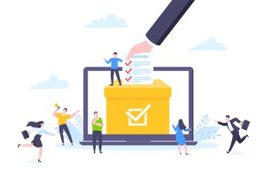 Çevrimiçi oylama konsepti düz stil tasarım vektör çizimi. Çevrimiçi ankette birlikte çalışan küçük insanlar.