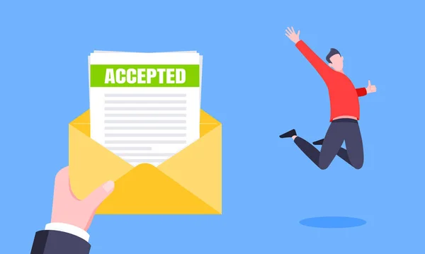 Carta de aceitação de trabalho ou universidade com envelope e folhas de papel documento de e-mail. — Vetor de Stock
