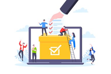 Çevrimiçi oylama konsepti düz stil tasarım vektör çizimi. Çevrimiçi ankette birlikte çalışan küçük insanlar.