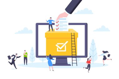 Çevrimiçi oylama konsepti düz stil tasarım vektör çizimi. Çevrimiçi ankette birlikte çalışan küçük insanlar.