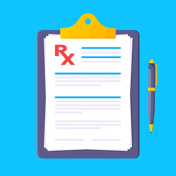 Médico rx formulário prescrição em prancheta estilo plano design vetor ilustração. — Vetor de Stock