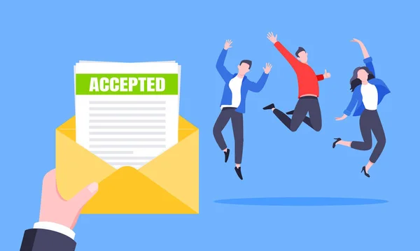 Carta de aceptación de trabajo o universidad con sobre y hojas de papel documento de correo electrónico. — Vector de stock
