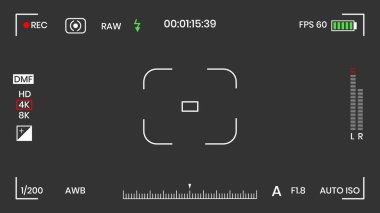 Kamera görüntüleyici video veya fotoğraf çerçevesi kaydedici düz stil tasarım vektör çizimi.