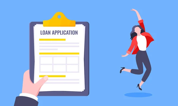 Hand houdt lening goedkeuring aanvraag papieren formulieren document. — Stockvector