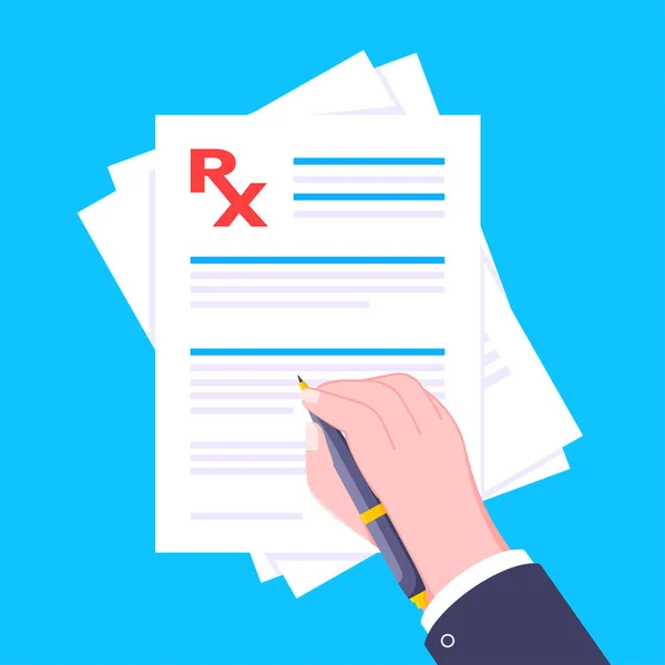 Médico rx formulário prescrição em prancheta estilo plano design vetor ilustração. — Vetor de Stock