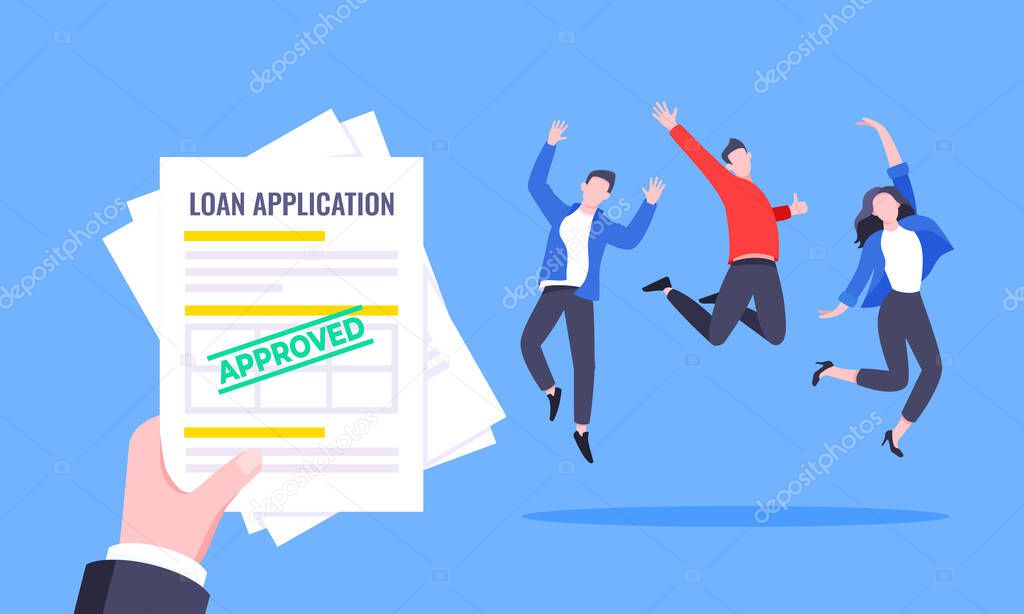 Hand holds loan approval application paper sheets document.