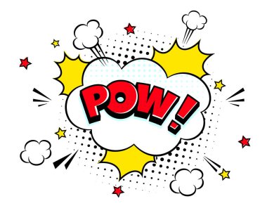 Pow komik konuşma balonu yarım ton gölge metin ifadesi retro çizgi roman tarzı düz tasarım.