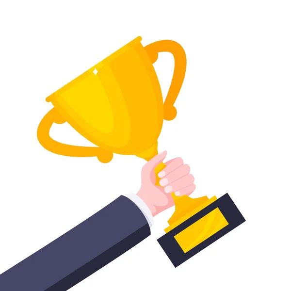 Рука тримає переможця Золота нагорода Трофейний кубок Кубок знак плоский стиль Векторні ілюстрації . — стоковий вектор
