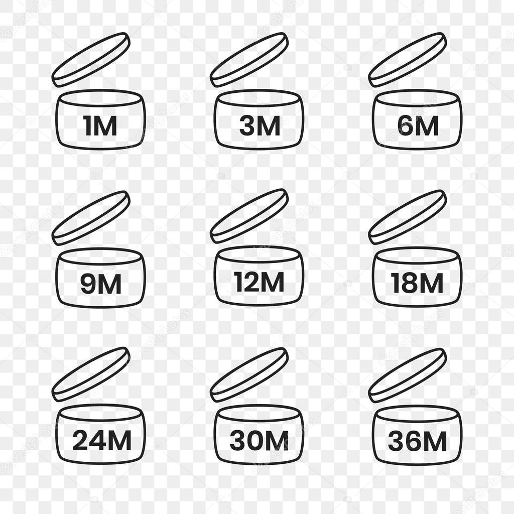 PAO, period after open icon sign set flat style design vector illustration isolated on transparent bd. 1, 3, 6, 9, 12, 18, 24, 36 month pao expiration period for cosmetic packaging line art symbol.