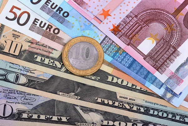 Euros, Dollars And Russian Coin — Stock Photo, Image