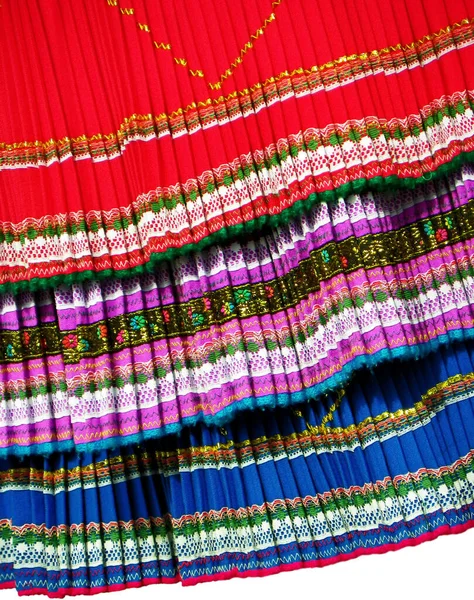 Close up of the lower edge of pleated skirts, traditional women\'s clothing for folk dancers of Cayambe canton of  Pichincha province, Ecuador
