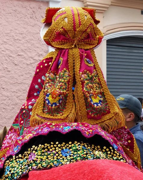 Cuenca Ecuador December 2019 Girl Rides Horse Dressed Traditional Embroidered — Stock Photo, Image