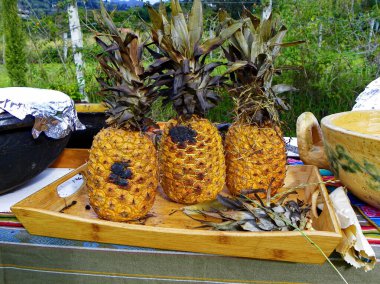 Yeraltındaki sıcak taşların üzerinde pişirilmiş üç koca ananas yerel tören sırasında Pachamanca
