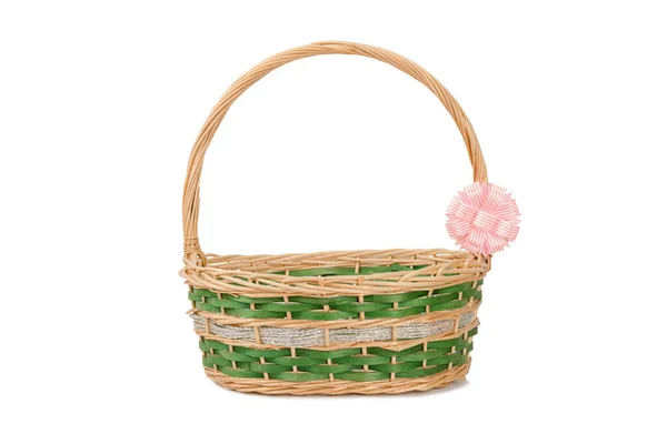 Empty Wicker Basket Ribbon Isolated White Clipping Path — Stock Photo, Image