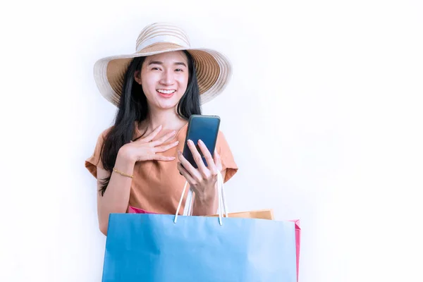 Asiatin Glücklich Zum Online Shopping Business Online Und Technologie Konzept — Stockfoto