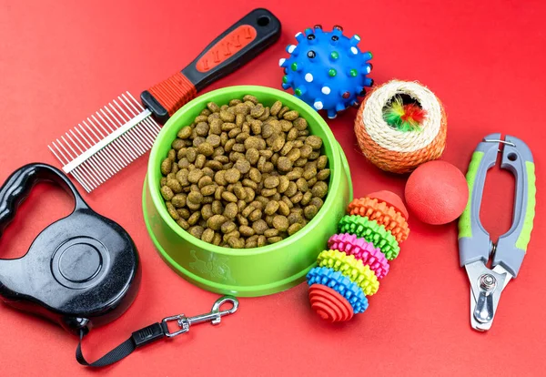 stock image Pet food in bowls, toy, for pets on red background