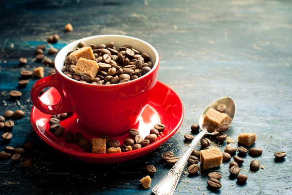 Grãos de café em uma xícara — Fotografia de Stock