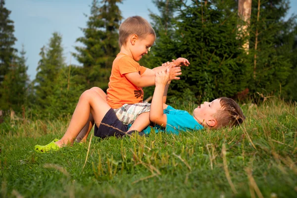 Два маленьких мальчика в траве — стоковое фото