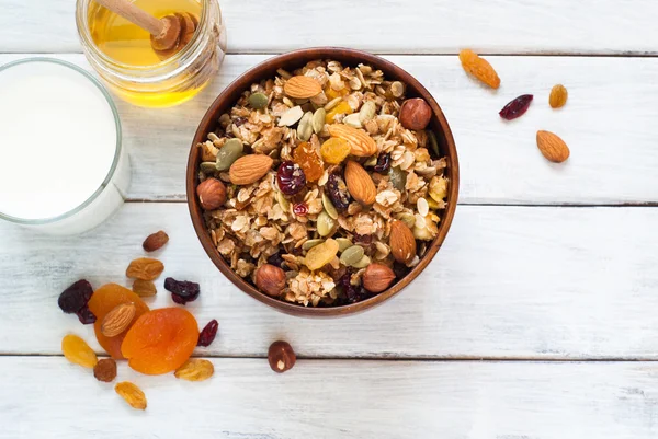 Granola in a wooden bowl. — Stock Photo, Image