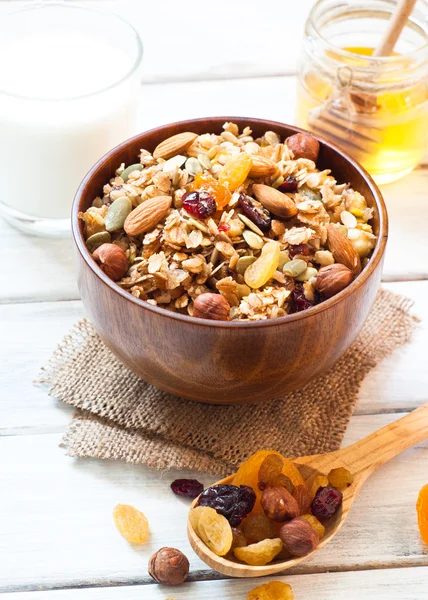 Granola in a wooden bowl. — Stock Photo, Image