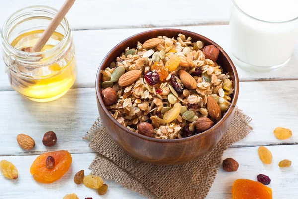 Granola in a wooden bowl. — Stock Photo, Image