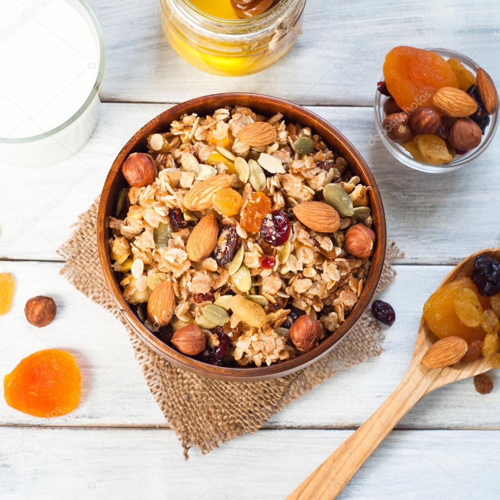 Granola in a wooden bowl.