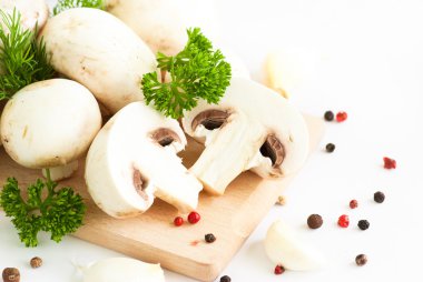 Beyaz arka planda beyaz mantarlar