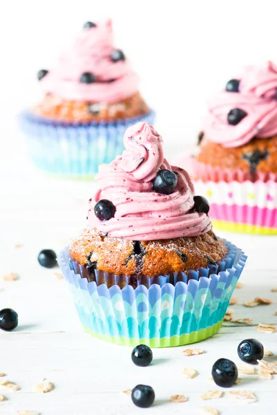 Blaubeer-Cupcakes mit Schlagsahne Zuckerguss dekoriert — Stockfoto