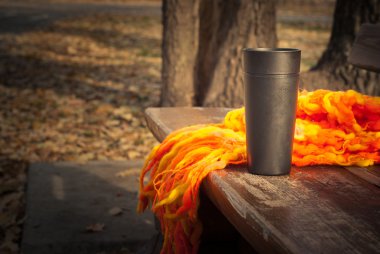 Bir termos içinde sonbahar park çay.