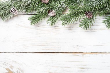 Beyaz masada karlı kış köknar ağacı.