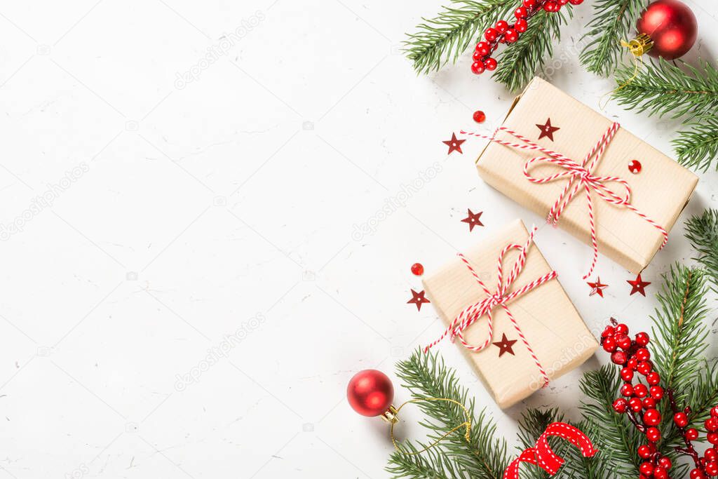 Christmas flat lay background with present box and decorations.