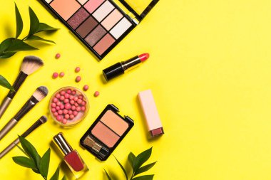 Renk arka planında profesyonel makyaj malzemesi.