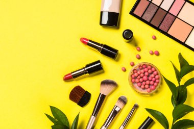 Renk arka planında profesyonel makyaj malzemesi.